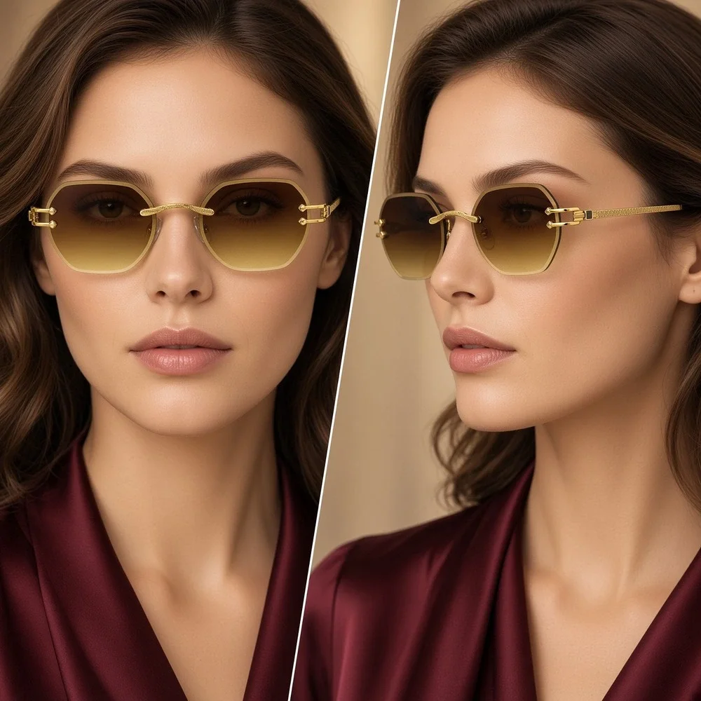 Sunglasses Brown Lens Rimless Gold Diamond Cut Elegant Fashion Designer Women